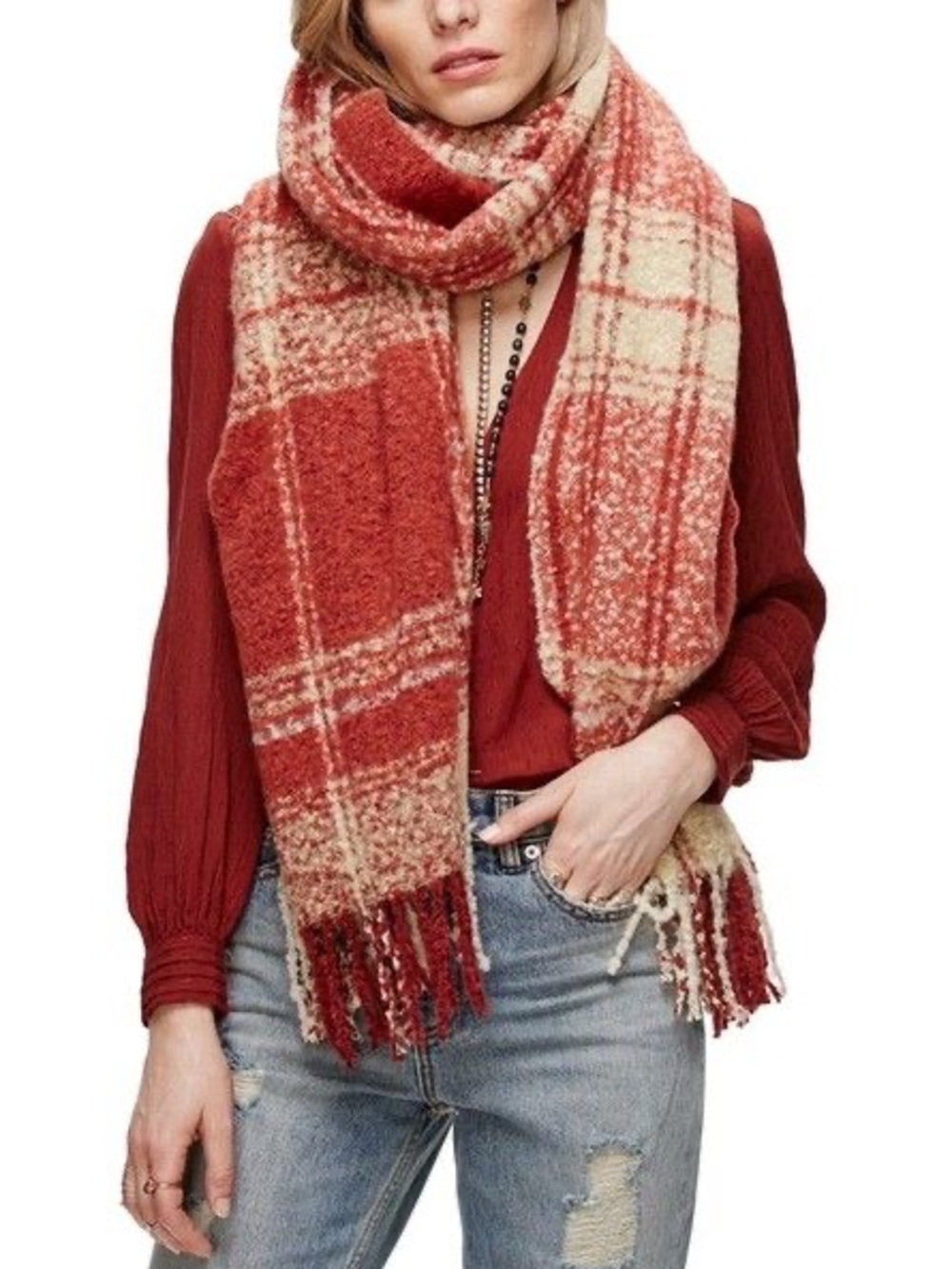 Free People Loveland Plaid Fringe Scarf